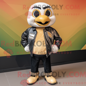 Mascot character of a Cream Mango dressed with a Leather Jacket and Lapel pins