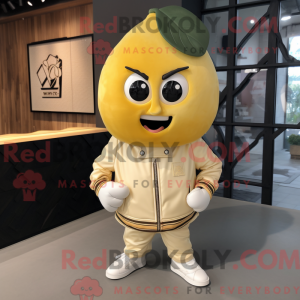 Mascot character of a Cream Mango dressed with a Leather Jacket and Lapel pins