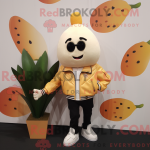 Mascot character of a Cream Mango dressed with a Leather Jacket and Lapel pins