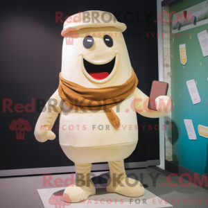 Mascot character of a Cream Moussaka dressed with a Corduroy Pants and Wallets