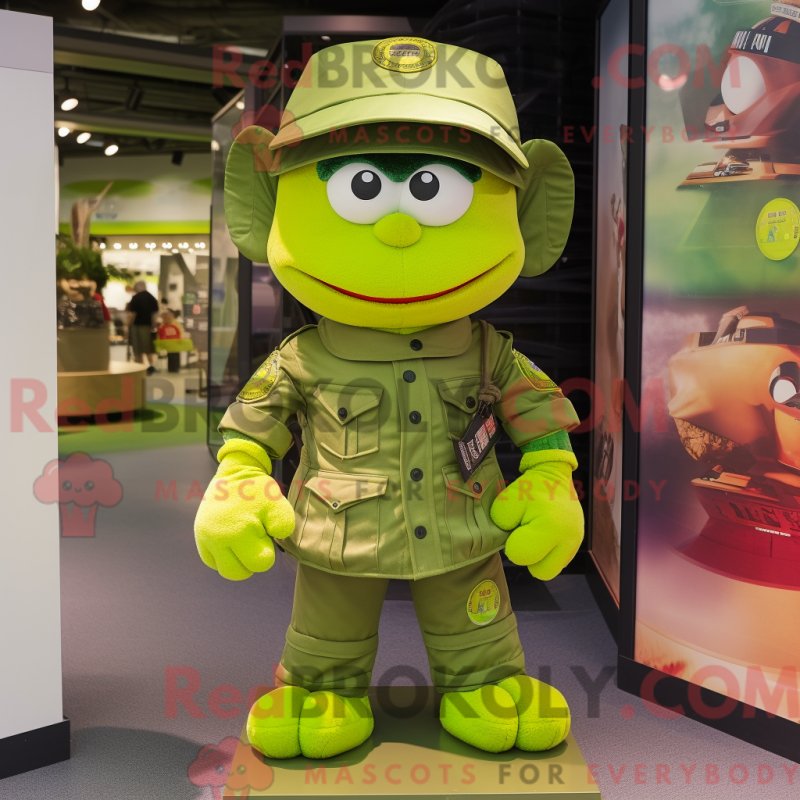 Mascot character of a Lime Green Army Soldier dressed with a Denim Shorts and Caps