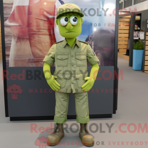 Mascot character of a Lime Green Army Soldier dressed with a Denim Shorts and Caps