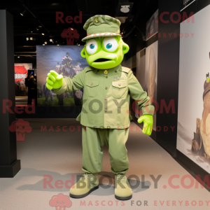 Mascot character of a Lime Green Army Soldier dressed with a Denim Shorts and Caps