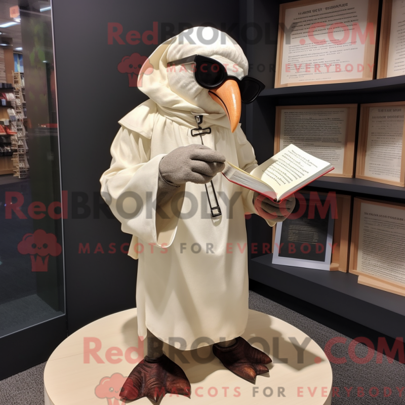 Mascot character of a Cream Crow dressed with a Long Sleeve Tee and Reading glasses