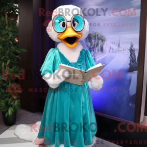 Mascot character of a Cyan Goose dressed with a Dress and Reading glasses