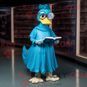 Mascot character of a Cyan Goose dressed with a Dress and Reading glasses