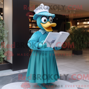 Mascot character of a Cyan Goose dressed with a Dress and Reading glasses