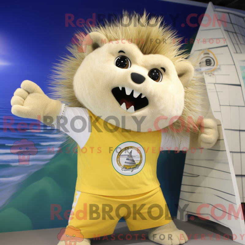 Mascot character of a Cream Porcupine dressed with a Board Shorts and Gloves