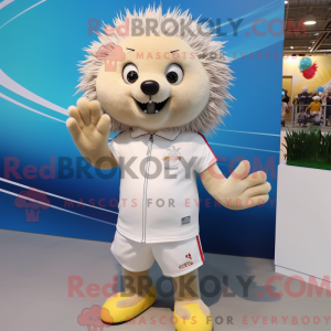 Mascot character of a Cream Porcupine dressed with a Board Shorts and Gloves