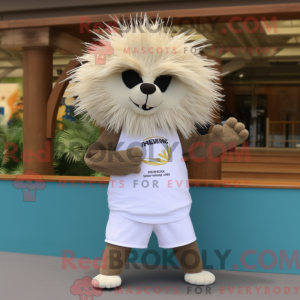 Mascot character of a Cream Porcupine dressed with a Board Shorts and Gloves