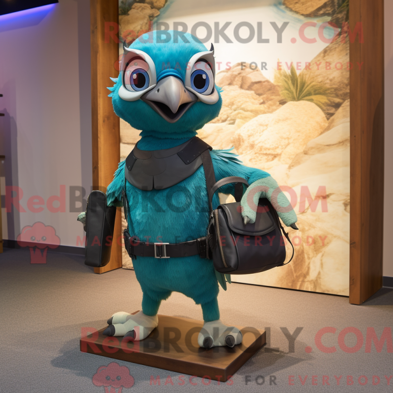 Mascot character of a Teal Falcon dressed with a Vest and Handbags
