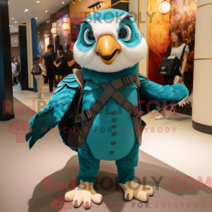 Mascot character of a Teal Falcon dressed with a Vest and Handbags