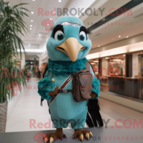 Mascot character of a Teal Falcon dressed with a Vest and Handbags