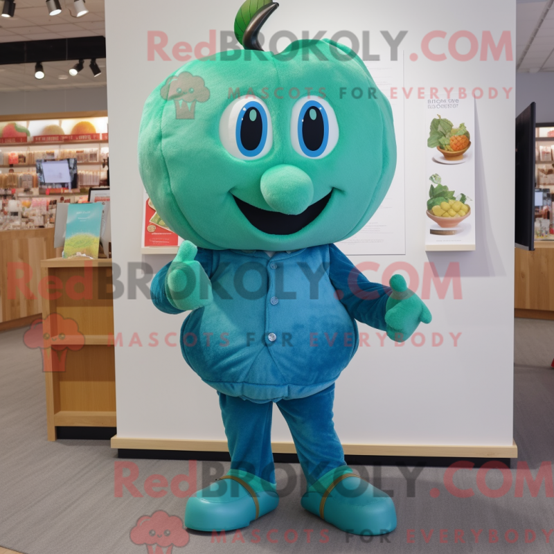 Mascot character of a Teal Apple dressed with a Overalls and Mittens