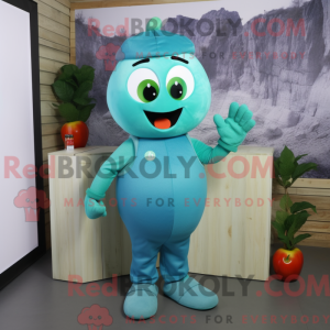 Mascot character of a Teal Apple dressed with a Overalls and Mittens