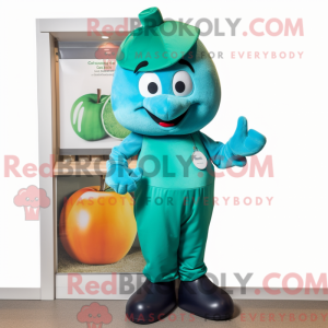 Mascot character of a Teal Apple dressed with a Overalls and Mittens