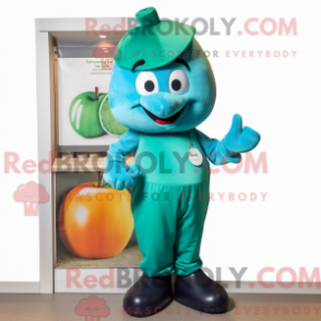 Mascot character of a Teal Apple dressed with a Overalls and Mittens