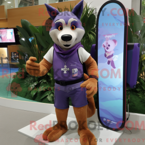 Mascot character of a Purple Dingo dressed with a Board Shorts and Smartwatches