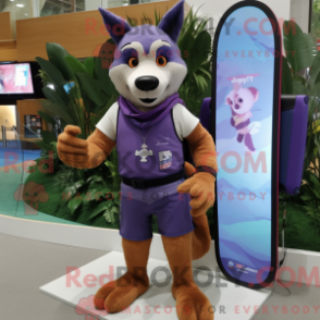 Mascot character of a Purple Dingo dressed with a Board Shorts and Smartwatches