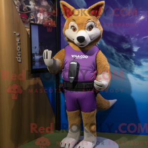 Mascot character of a Purple Dingo dressed with a Board Shorts and Smartwatches