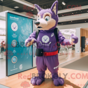 Mascot character of a Purple Dingo dressed with a Board Shorts and Smartwatches
