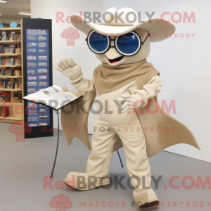 Mascot character of a Beige Manta Ray dressed with a Dungarees and Reading glasses