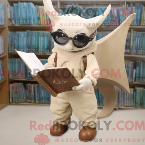 Mascot character of a Beige Manta Ray dressed with a Dungarees and Reading glasses