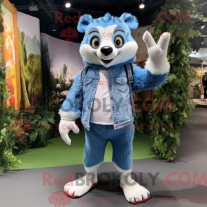 Mascot character of a Sky Blue Badger dressed with a Denim Shorts and Foot pads