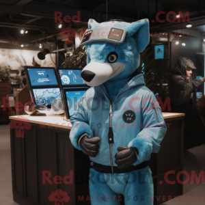 Mascot character of a Sky Blue Thylacosmilus dressed with a Bomber Jacket and Digital watches
