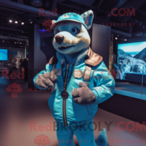 Mascot character of a Sky Blue Thylacosmilus dressed with a Bomber Jacket and Digital watches