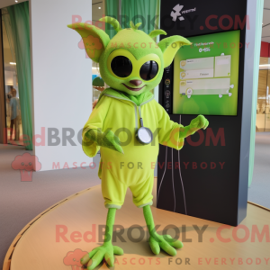 Mascot character of a Lime Green Fruit Bat dressed with a One-Piece Swimsuit and Smartwatches