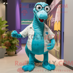 Mascot character of a Teal Diplodocus dressed with a Dress Shirt and Eyeglasses