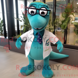 Mascot character of a Teal Diplodocus dressed with a Dress Shirt and Eyeglasses