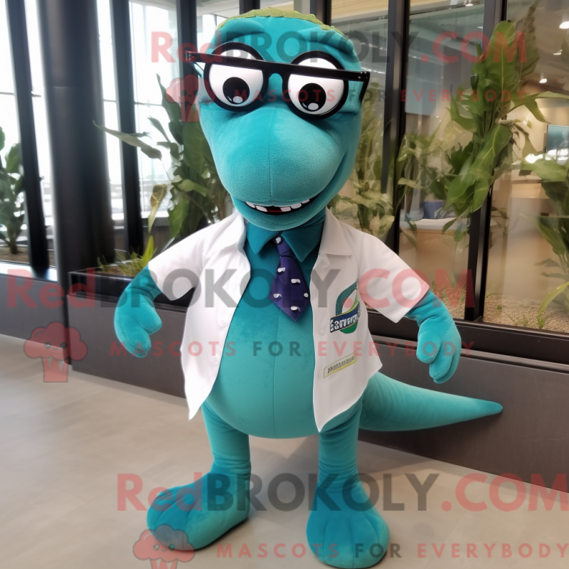 Mascot character of a Teal Diplodocus dressed with a Dress Shirt and Eyeglasses