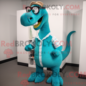 Mascot character of a Teal Diplodocus dressed with a Dress Shirt and Eyeglasses