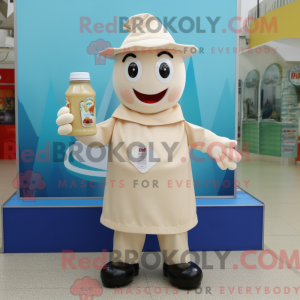 Mascot character of a Beige Bottle Of Milk dressed with a Playsuit and Caps
