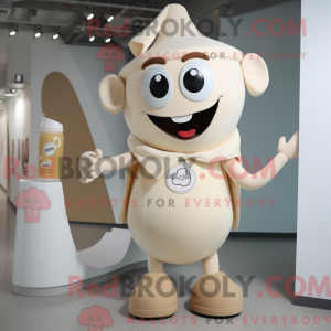 Mascot character of a Beige Bottle Of Milk dressed with a Playsuit and Caps