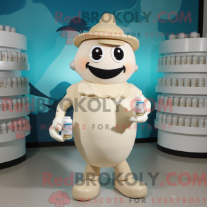 Mascot character of a Beige Bottle Of Milk dressed with a Playsuit and Caps
