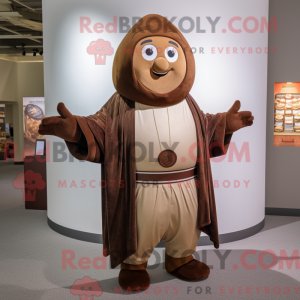 Mascot character of a Tan Chocolates dressed with a Corduroy Pants and Shawls
