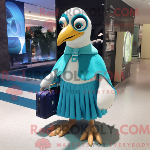 Mascot character of a Cyan Albatross dressed with a Circle Skirt and Messenger bags