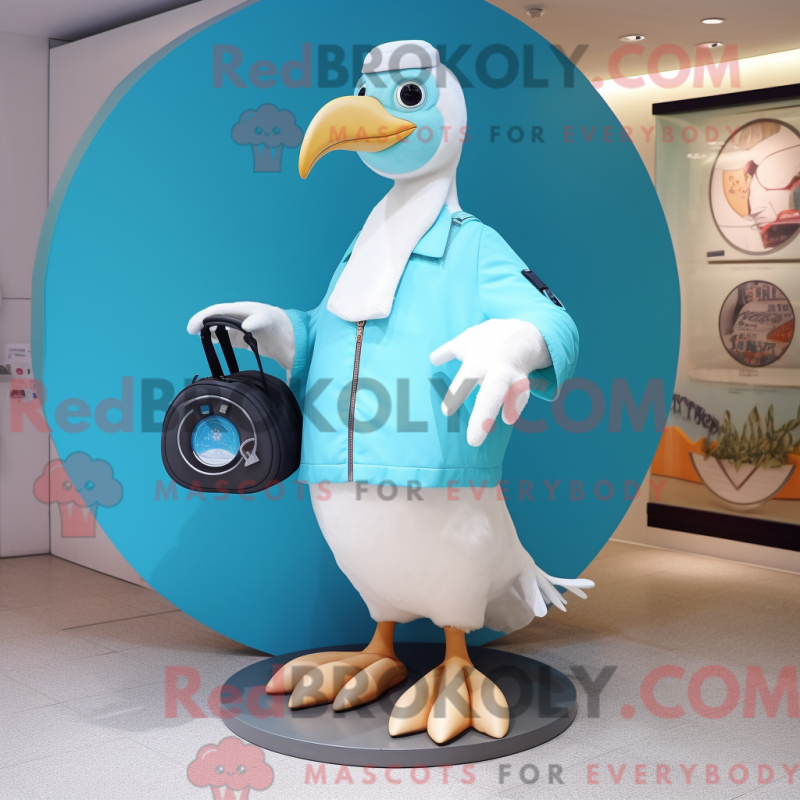 Mascot character of a Cyan Albatross dressed with a Circle Skirt and Messenger bags