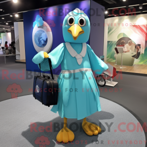 Mascot character of a Cyan Albatross dressed with a Circle Skirt and Messenger bags