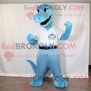 Mascot character of a Sky Blue Brachiosaurus dressed with a Button-Up Shirt and Gloves