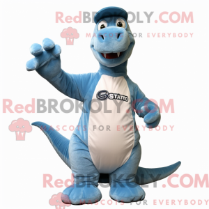 Mascot character of a Sky Blue Brachiosaurus dressed with a Button-Up Shirt and Gloves