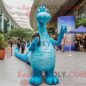 Mascot character of a Sky Blue Brachiosaurus dressed with a Button-Up Shirt and Gloves