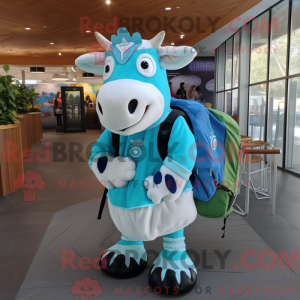 Mascot character of a Turquoise Holstein Cow dressed with a Pleated Skirt and Backpacks