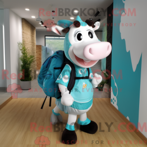 Mascot character of a Turquoise Holstein Cow dressed with a Pleated Skirt and Backpacks