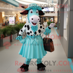 Mascot character of a Turquoise Holstein Cow dressed with a Pleated Skirt and Backpacks