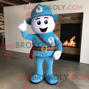 Mascot character of a Cyan Fire Fighter dressed with a Jeans and Shawl pins