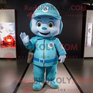 Mascot character of a Cyan Fire Fighter dressed with a Jeans and Shawl pins